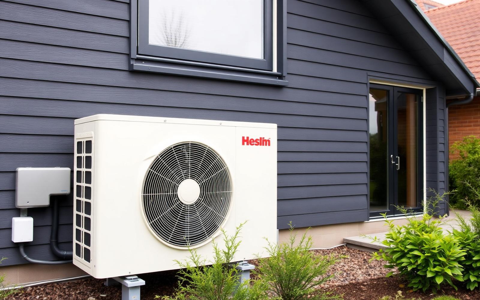 Buitendeel van een warmtepomp tegen een moderne gevel